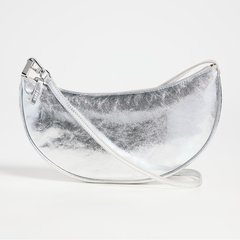 Staud Walker Shoulder Bag Silver Metallic Leather Crescent Half Moon - Picture 2 of 16